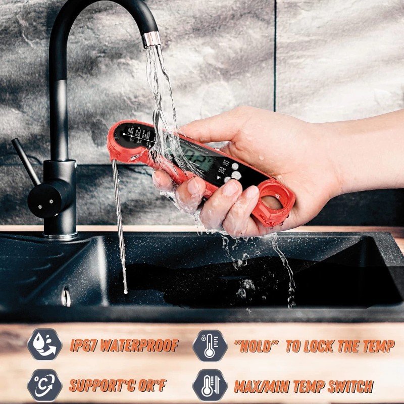 ImSaferell Ultra Fast Meat Thermometer Red Black Waterproof Accurate Temp