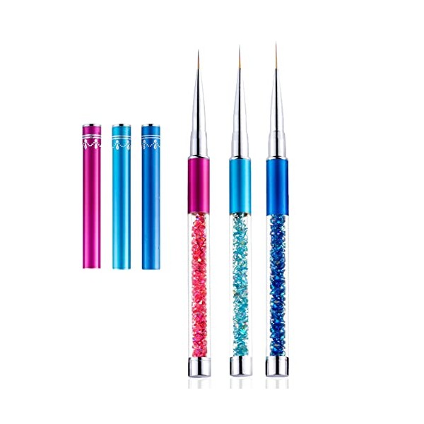 FULINJOY Nail Art Liner Brushes, 7mm/9mm/11mm UV Gel Painting Nail Art Design Brush Rhinestone Handle Nail Drawing Pens (3PCS, Blue/Green/Pink)