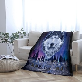 Wolf Fleece Blanket for Bed, Cool Wolves and Aurora Print Super Soft Plush Blanket Cozy Fuzzy Flannel Wolf Bedding Things for Men Women and Kid for Couch Home Bedroom Christmas Birthday 60x50 inches