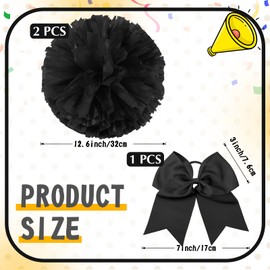 Hanaive 3 Pcs Cheerleading Pom Poms and Large Cheerleader Hair Bow Metallic Cheer Supplies for Team Spirit Sports Dance Cheering(Black,Matte)