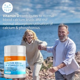 Calcium 800mg and Vitamin D3 5μg per Serving /90 Tablets by Sunshine Nutrition, Made in UK