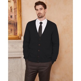 Kallspin Men's Cardigan Sweater Wool Blend V Neck Buttons Cardigan with Pockets(Black, Large)
