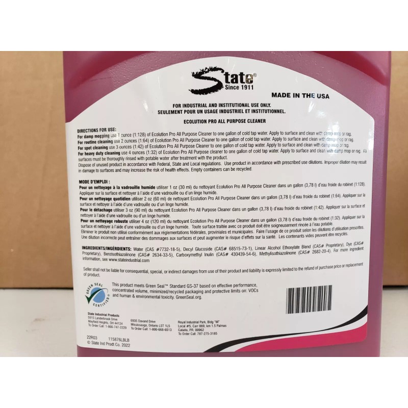 State Ecolution Pro All Purpose Cleaner Product# 115876- 3L (101.4