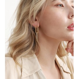 OZEL – CZ Chain Link Dangle Earrings for Women with Cubic Zirconia Stones – 14k Yellow Gold or White Gold Plated Square Oval Round U Shape (Made in Korea) (3M0928)