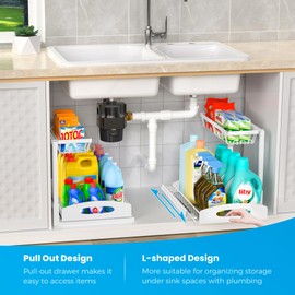 Fkprorjv Under Sink Organizer, 2 Tier L-Shaped Bathroom Kitchen Organizers and Storage, Pull Out Sink Cabinet Drawer Shelf Pantry Organizer and Storage, White
