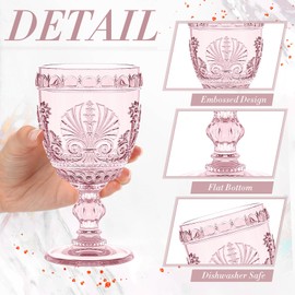 Singhoow 6 Pcs Goblet Glasses 10 oz Wine Glasses, Drinking Glasses Colored Retro Embossed Water Goblets For Wine Juice Baby Shower Wedding Reception Grand Event Party, Dishwasher Safe(Pink)