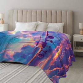 SKT T1 Airplane Blanket, Pink and Blue Cloud Plane Throw Blankets for Girls Kids, Aviation Gifts for Aviation Lovers, Airplane Gifts for Pilots Women, Soft Warm Fuzzy Flannel Blankets 80"x60"