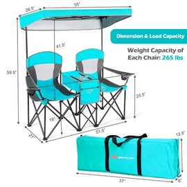 COSTWAY Double Camping Chair, Portable Camping Chair with Canopy, Cup Holder, Iced Bag, Storage Bag, Carrying Bag, Folding Loveseat Camping Chair for Adults, Outdoors Sport, Turquoise