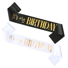 Docooniver Docooniver 2 Pack It's my Birthday Sash for Women,Black and White Sashes with Gold and Rose gold Writing.