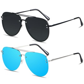 ANDWOOD Oversized Aviator Sunglasses for Women Men Big Large Rimless Metal Frame with Spring Hinges Sun glasses Black Mirrored Blue Shades