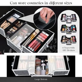 FRENESSA Makeup Train Case Cosmetic Box Portable Makeup Case Organizer 4 Trays Travel Case Storage with Dividers Lockable for Make up Artist Crafter Nail Kits Tools Black Floral
