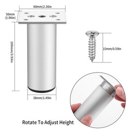 4 Pieces Adjustable Furniture Legs, 4 Inch/10cm Silver Cabinet Legs, 0-20mm Adjustable Furniture Feet, Sofa Legs, Table Legs, Cabinet Dresser Bed Chair Cabinet Breakfast Bar Legs