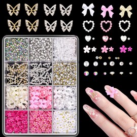 3D Nail Decoration Sets, Heart Bows Flowers Nail Charms, Bow Knot Nail Studs, Rhinestones for Manicure, DIY, Crafts, Jewellery Accessories (Mix-F)