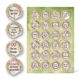 Logbuch-Verlag Round Motivational Stickers with Sayings, Reward, Courage, Happiness, Wishes, for Crafts, Decoration and Packaging, Motivational sayings beige green with leaf tendrils