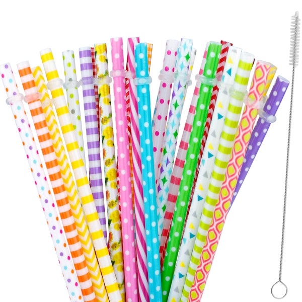 30 Pieces Reusable Straws,BPA-Free,9" Colorful Printing Hard Plastic Stripe Drinking Straw for Mason Jar Tumbler,Family or Party Use,Cleaning Brush Included(Random Pattern)