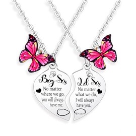 SSWPQOS 2PCs Big Sister Little Sister Heart Matching Necklace Set - Silvery Stainless Steel Butterfly Charm - Female - 24 Inches