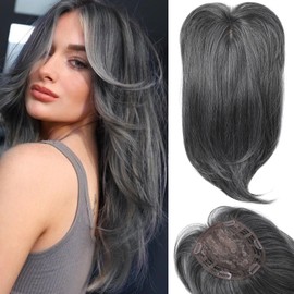 HOOJIH Hair Topper, Long Layered Hair Topper with Bangs for Women with Thinning Hair 14 Inch Slightly Curled Ends Wiglets Synthetic Fiber Hair Pieces for Women - Dark Grey