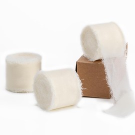Husfunov Ivory Handmade Chiffon Ribbon,1.5Inch x 3 Rolls Total 24 Yards Ivory Fringe Chiffon Silk Ribbon,for Wrapping Wedding Invitations,Bridal Bouquets,DIY Crafts,Home Decor and More