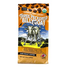 Raven's Brew Coffee Three Peckered Billy Goat, 12 Ounce - Dark Roast - Full Body with a Long Sweet Finish (Organic Ground, 12 oz)