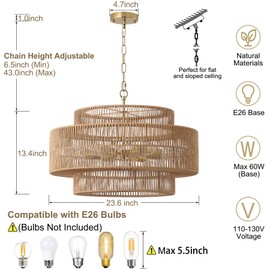 Giutna 23.6"Large Boho Rattan Farmhouse Chandeliers for Dining Room,6-Light Rattan Hand-Woven Rustic Drum Chandelier Pendant Light Fixture for Kitchen Island Bedroom Living Room Entryway Foyer(Brown)