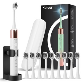 Kuicur Electric Toothbrush, 10 Brush Heads & Travel Case, 42,000 VPM Electric Motor & USB Charging, 5 Modes with Smart Timer, Ultra Whitening Toothbrush for Adults and Kids
