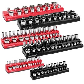 Magnetic Socket Organizer Set, 6PCS Magnetic Socket Holder, 1/4", 3/8", 1/2" Socket Holds 143 Pieces Magnetic Socket Trays (Red&black, 6 Pcs)