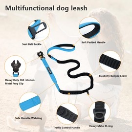 No Pull Tactical Dog Leashes for Medium Large Dogs Heavy Duty with Aluminum Frog Clip，Bungee Dog Leash with Soft Paded Handle，Blue 4-6FT Long&Strong Dog Leash with Car Seat Belt