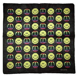 MWS 22"x22" Rainbow Peace Sign Yellow Smiley Face Black 100% Cotton Bandanna