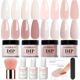 AZUREBEAUTY Dip Powder Nail Kit, All Season Nude Skin Glitter 4 Colors Dipping Powder Liquid Set Recycling Tray with Base & Top Coat Activator for French Nail Art Manicure Salon DIY at Home