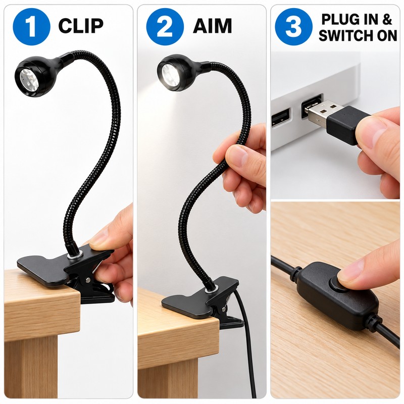 Flexible USB LED Clip-On Reading Light with 360° Gooseneck and