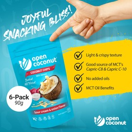 OPEN COCONUT Toasted Coconut Chips | Baked Sour Cream and Onion Chips for Quick & Healthy Snacks | 3.17 Oz | 6 Pack