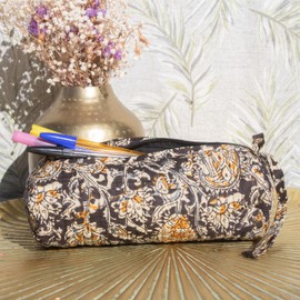 NILUXE DESIGN Cotton Padded Pencil Case with Zipper and Fringe Various Patterns Multifunctional Makeup Bag Blue White Floral, Black - Floral Pattern, Floral Style