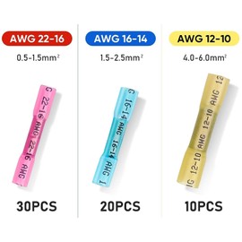 VISSQH 60 Pieces Heat Shrink Butt Connectors Cable Connector Shrink Connector Cable Lugs Crimp Connector Automotive Waterproof Insulated Wire Terminal (Red 30+ Blue 20 + Yellow 10)