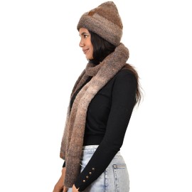 C.C Unisex Eco-Friendly Recycled Yarn Wool Blend Convertible Beanie and Scarf Set, Brown Mix