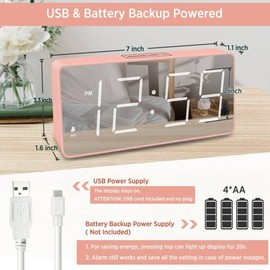 Peakeep Digital Clock, Alarm Clock Battery Backup Powered for Bedrooms - Mirror Face Large Numbers 6 Dimmers for Seniors, Super Loud for Heavy Sleepers (Pink)