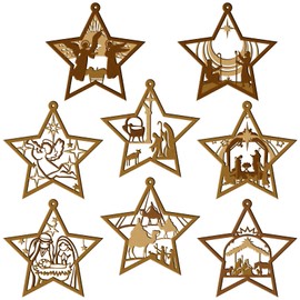 8 Pcs Christmas Nativity Scene Ornament Wooden Hanging Ornament Multilayer Religious Gifts Hanging Jesus Ornament Nativity Christmas Decorations Shaped Nativity Scene Keepsake for Xmas Tree (Star)