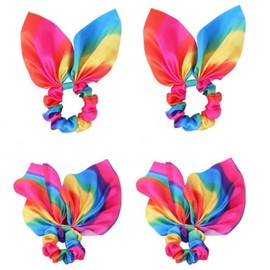 Silk Rainbow Bunny Ear Hair Ties 4pc Cute Satin Rainbow Bow Hair Scrunchies For Girls Women Elastic Ropes Ponytail Holder Decor Accessories Pride Month Gift (B)
