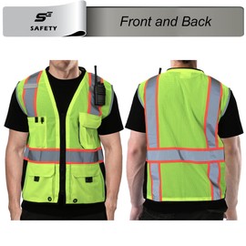 sesafety Safety Vest with 9 Pockets, High Visibility Reflective Vest, Security Vest, Work Vests for Men, ANSI/ISEA Class 2 Type R