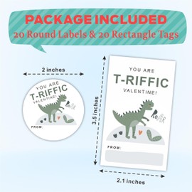 Dinosaur Valentine's Day Sticker Set -You are T-Riffic - 20 Round Label & 20 Self-Adhesive Tag, for Valentine Gift Wrapping, Friends, Kids, Decoration & Supplies - A04