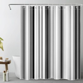 LB Black and White Striped Shower Curtain for Bathroom, Modern Abstract Grey Vertical Stripes Fabric Shower Curtain with Hooks, Vintage Black and Gray Bathroom Curtain Shower Set, 60" W x 72" L