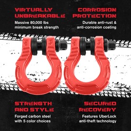 GearAmerica UBER Shackles with Anti-Theft Lock - 80,000 Lbs (40 T) Strength - Connect Tow Strap or Winch Line for Off-Road Recovery, Towing D-Rings and Uber Lock Security Pin - Red, 2-Pack