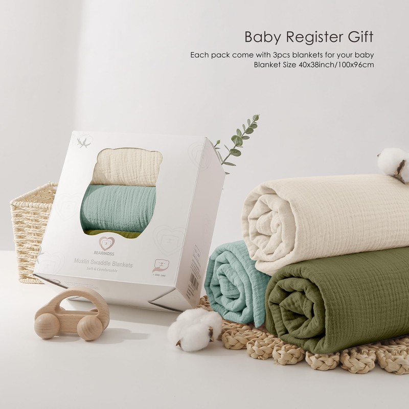 Bearmoss Muslin Swaddle Blankets, 40 x 38 inches Baby Swaddle