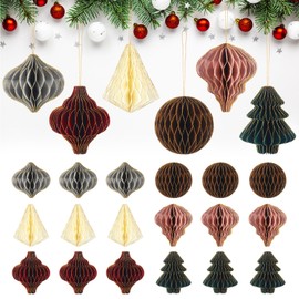 Nezyo 24 Pieces Christmas Paper Honeycomb Ornaments with Glitter Edge Brown Hanging Paper Lanterns Ornament Boho Balls Christmas Ornaments for Christmas Tree Xmas Party Pom Poms (Classic)