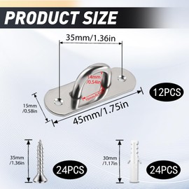 6 Pack M6 304 Stainless Steel Oblong Pad Eye Plate, Heavy Duty U-Shaped Ceiling Hook With 12 Screws and Plastic Plugs, Marine Hardware Staple Hook Loop for Swing Suspension Hanging Shade Sail Hammock