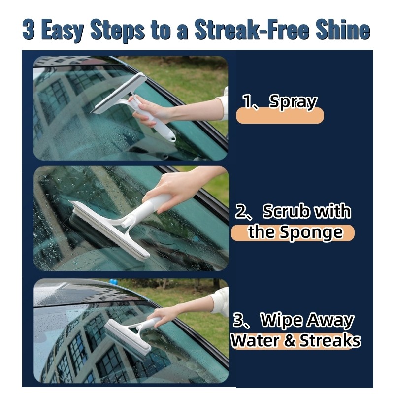 3-in-1 Window Cleaning Squeegee with Built-In Spray Bottle, Dual-Sided Sponge