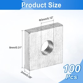 sourcing map 100Pcs M3x8mmx2mm Square Nuts, Carbon Steel Zinc Plated Coarse Thread Square Nuts Fasteners for Home Repairs and Professional Engineering, Silver