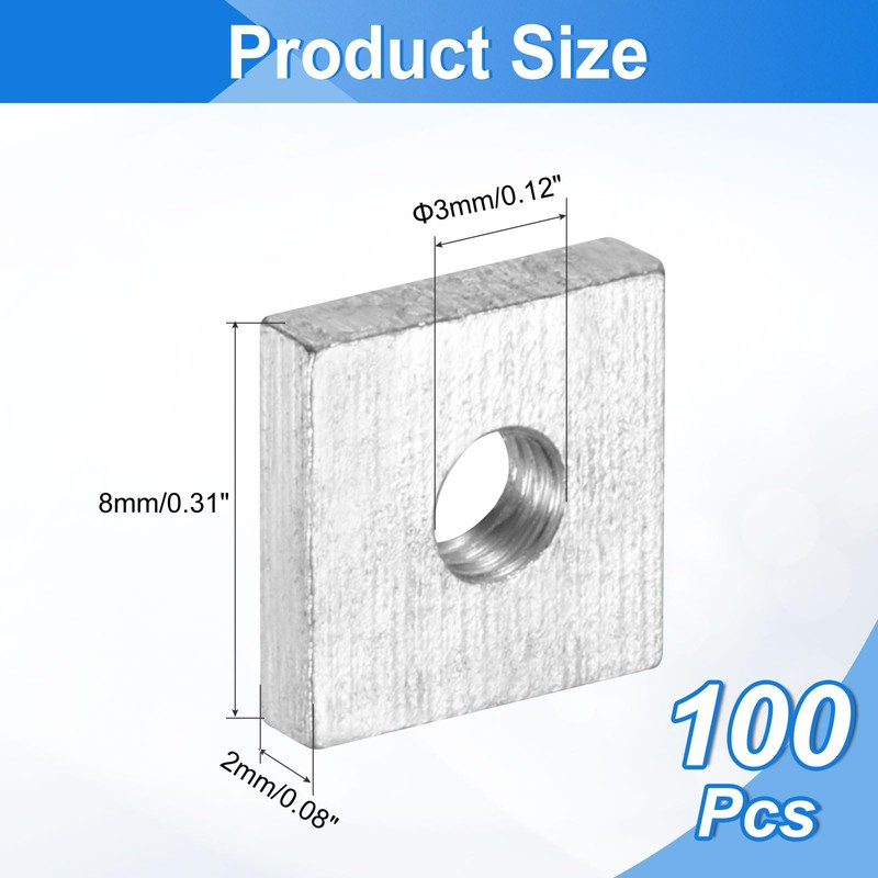 sourcing map 100Pcs M3x8mmx2mm Square Nuts, Carbon Steel Zinc Plated