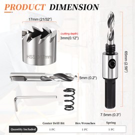 METALLIXITY Hole Saw 17mm (21/32"), 4341 High Speed Steel Hole Cutter with Center Drill Bit, Hex Key and Spring - for Soft Metal, Wood, Plastic, Plasterboard, PVC Boards. Silver