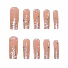 RikView Long Press on Nails Square Fake Nails Nude Nails with Rhinestones Glossy Nails for Women 24 PCS/Set