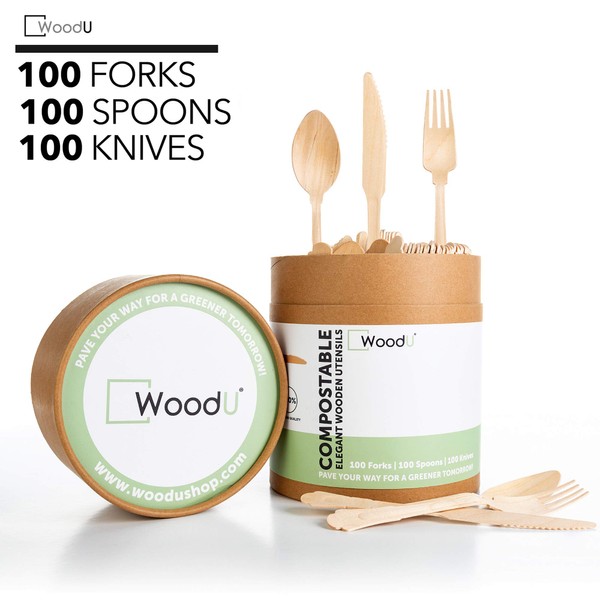 WoodU Elegant Wooden Disposable Utensils Eco-Friendly Biodegradable & Compostable Flatware for Special Events (300 Cutlery)